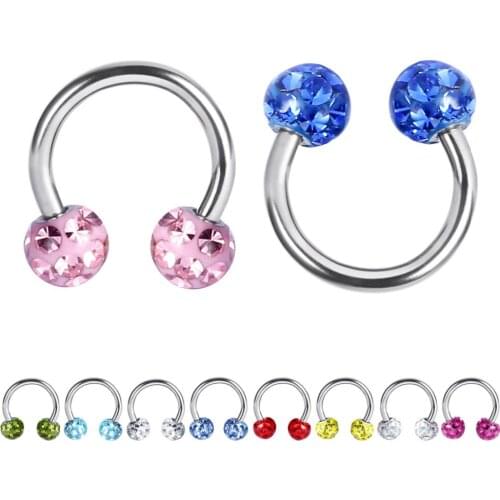 10pcs/lot Epoxy CZ Gem Crystal Horseshoe Rings 16G Circular Barbells Fake Nose Hoops Septum Tragus Piercing Body Jewelry LB12