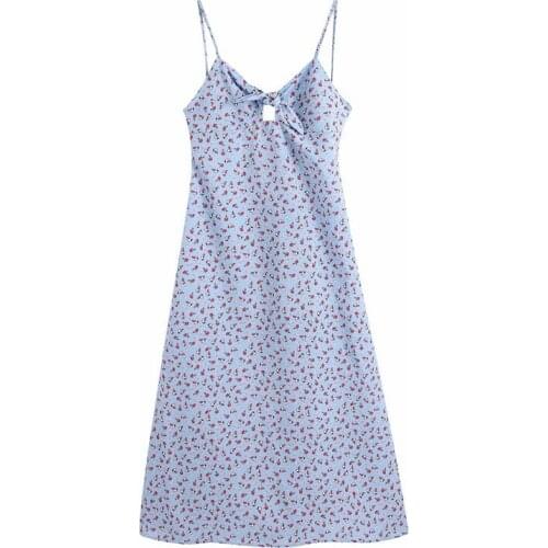 Summer Womens Casual Printed Bowknot Decorated Slim Sling Dress