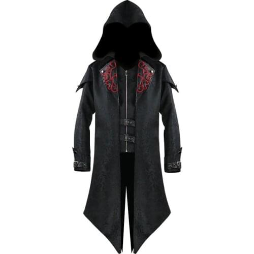Fashion Mens Steampunk Hooded Leather Jacket Gothic Long Coat Halloween Cosplay Stage Perform Vampire Costume Chaquetas Hombre