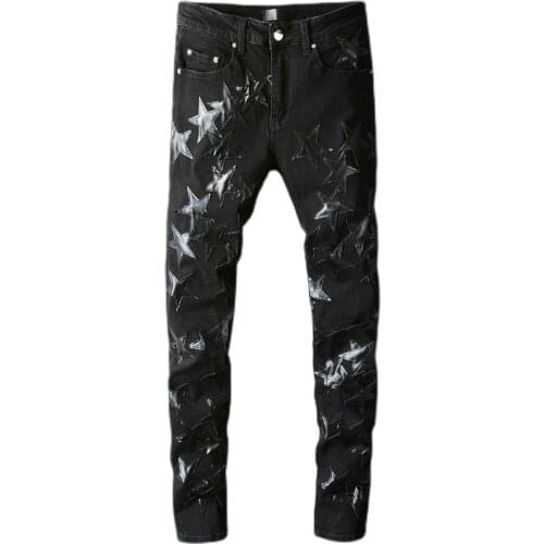 New Brand Mens 2021 Ripped Star Black Patched Leather Jeans High Street Jeans For Men Personality Stretch Slim Denim Pants 691