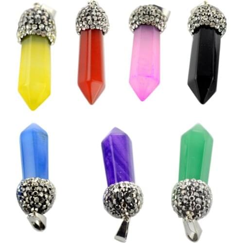 Natural Gem Stones Hexagonal Column Pendant with Rhinestone Crystal Quartz Opal Obsidian Pendulum Charms for Jewelry Making