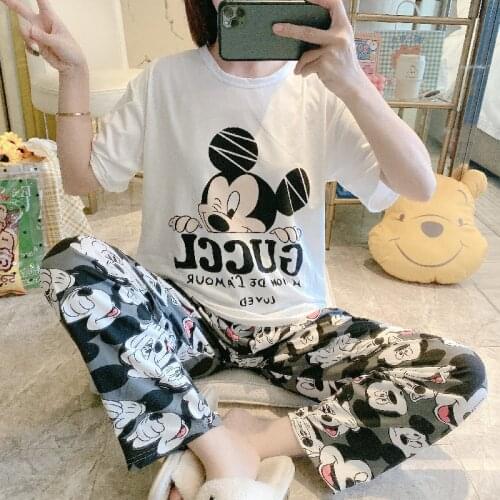 2021 Pajamas Womens Short Sleeve Set Lady Women Teenage Girl Clothing Cartoon Pants Suit Casual Wear Sleeping Two-piece Suit