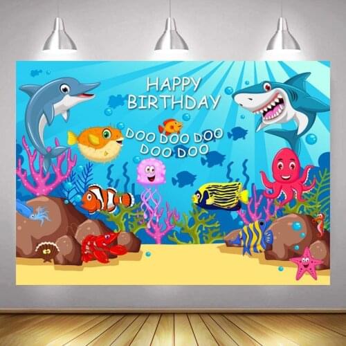 Happy Birthday Party Dolphin Sea Shark Photo Backdrop Boys Girls Baby Ocean Fish octopus Decor Photography Backgrounds Banner