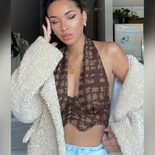 Sexy Vintage Brown Halter Top Y2K Woman Hollow Out Backless Ruched Vest Summer Fashion Streetwear 2021 E-girl Cropped Top