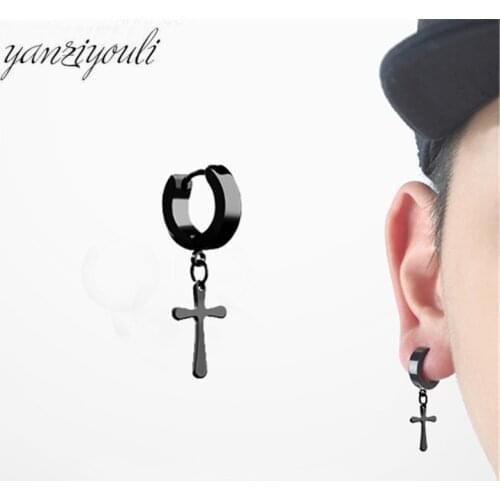 1 Pair Gothic Men Cross Cross Pendant Punk Round Cartilage Stainless Steel Earring For Men Piercing Stud Earrings For Women