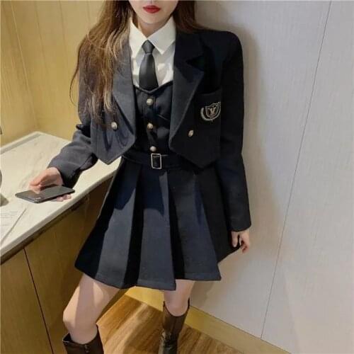 Student Suits Women Retro Chic Winter College Style Short Woolen Coat + Strap Pleated Dress + Base Shirt Three-Piece Sets