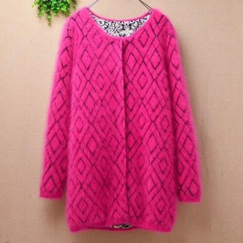 Ladies women fashion pull rose hairy mink cashmere knitted long sleeves slim cardigans angora fur winter jacket coat sweater top