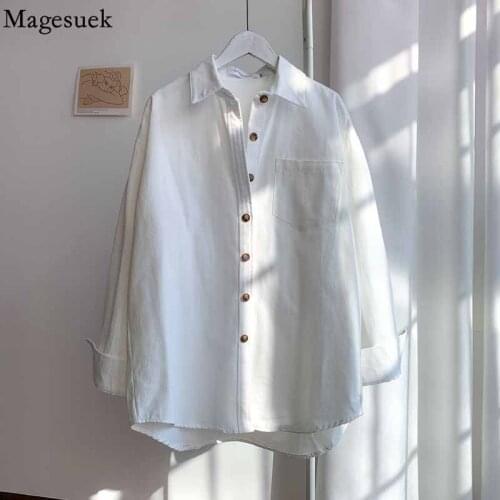 Long Sleeve Office Lady Button Womens Shirt Autumn Casual Loose Shirts Cotton White Tops Turn-down Collar Blouses Woman 16308