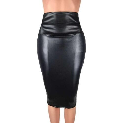 2020 Women Spring Fake Faux Leather Skirt High Waist Package Hip Knee Length Split Skirt Office Ladies Slim Skirt Plus Size
