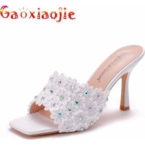 Gaoxiaojie Chic Hollow Out Flower Summer Lady Slippers 2021 New Diamond Square Toe Sandals White Lace 9CM Fashion Stiletto Shoes