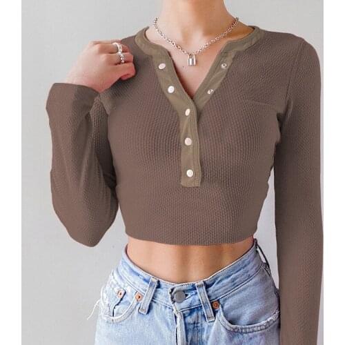 Long Sleeve Sexy Women T-Shirt 2021 New Button V Neck Knitted Bodycon Crop Top Elegant Lady Casual Female Tees Summer
