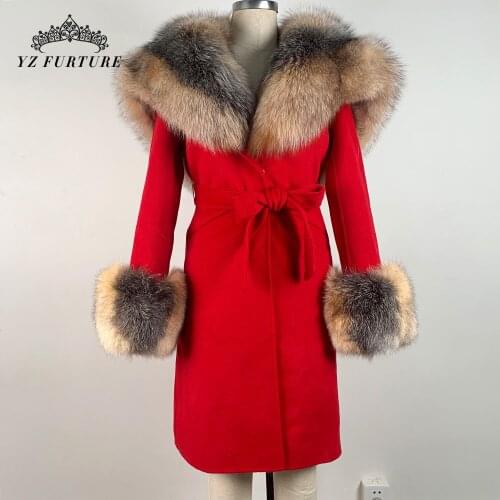 2021 Woman Cashmere Woolen Hooded Coat Real Thick Fox Fur Collar Girls Cashmere Belt Long Jacket Fox Fur Cuff Design Overdress