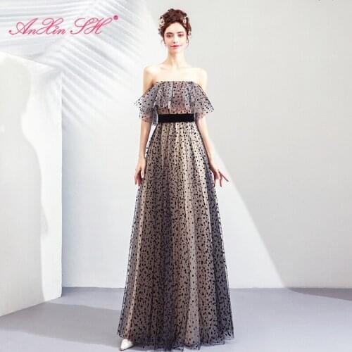AXJFU Korean black lace evening dress vintage black Wave point ruffles strapless beach sleeveless long evening dress 8828