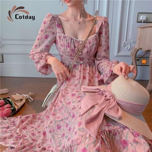 Cotday Vintage Square Collar Slim Botton Flower New Print A-line Flare Sleeve French Pearl Pinkt Chiffon Sweet Women Dress