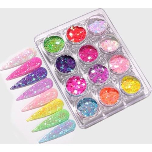 12 Colors/Set Nail Symphony Mermaid Glitter Flakes Sparkly 3D Hexagon Colorful Sequins Spangles Polish Nail Glitter Mix Powder