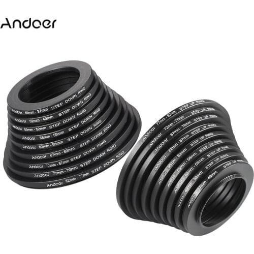 Andoer 18pcs 37-49-52-55-58-62-67-72-77-82mm Step Up / Step Down Aluminum alloy Lens Filter Adapter Ring Kit