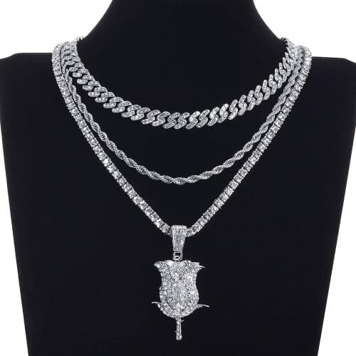 2021 Rose Petals Flower Pendant Necklace For Women Bling Rhinestone Tennis Chain Necklace Men Women HipHop Jewelry Gift