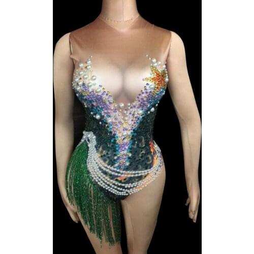 Sparkly Rhinestone Beaded Fringes Bodysuit Sleeveless Leotard Nightclub DJ Lady Singer Dance Wear Party Performance Show Costume