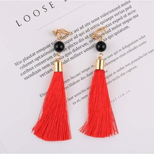 Bohemian Long Statement Tassel Clip On Earrings 9 Color For Female Non Pierced Dangle Trendy Cotton Rope Fringe Clip Ear Gift