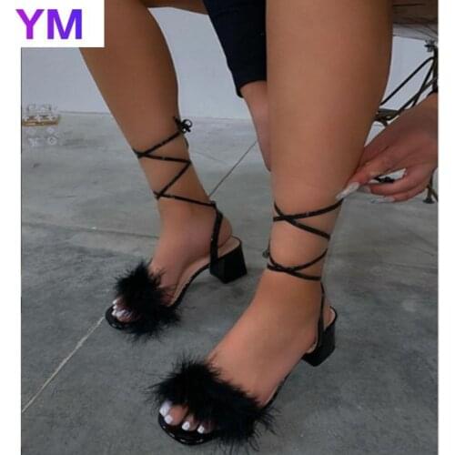 35-43 Sqaure Toe Cross Lace Up Fur Mule Heels Shoe Black PU High Heel Shoes Women Sandals Woman Shoes Zapatos Mujer White Khaki