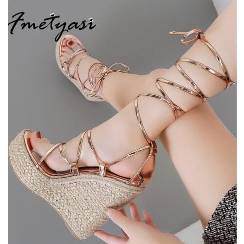 Heels Women 2021 Sandal Wedge Heel for Woman Wear-resistant Platform Cross Tied Rome Gold Gladiator Sandals Summer Breathable