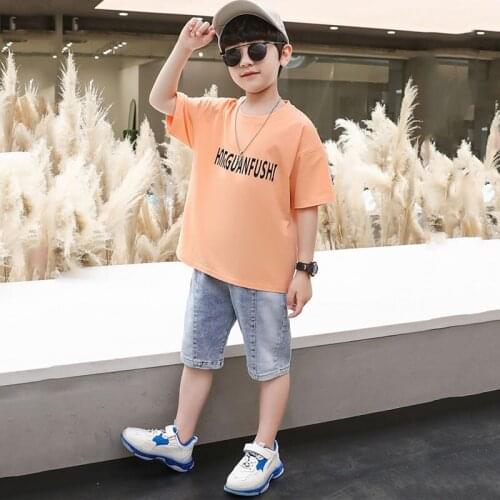 Kids 2pcs boys summer cotton suits new letters printed short-sleeved T-shirt shorts new big virgin shirt 4-12 years old