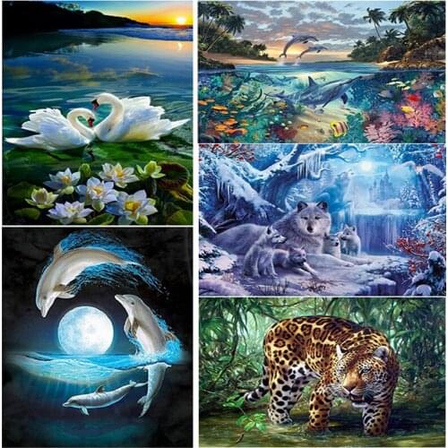 DIY 5D Diamond Painting Landscape Lake Diamond Embroidery Full Round Drill Animal Mosaic Rhinestones Cross Stitch Art Home Decor