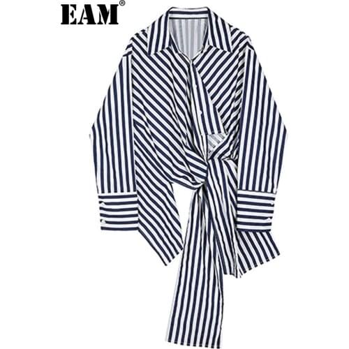 [EAM] Women Blue Striped Irregular Long Blouse New Lapel Long Sleeve Loose Fit Shirt Fashion Tide Spring Autumn 2021 1DD4365