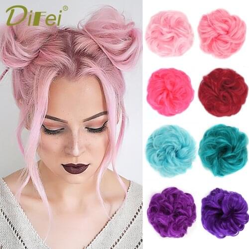 DIFEI Curly Scrunchie Chignon With Rubber Band Brown Pink Synthetic Hair Ring Wrap On Messy Bun Ponytails Straight Hair