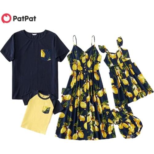 PatPat 2021 New Summer Mosaic Family Matching Dress Lemon Series Tank Dresses Rompers Tops Matching Outfits Family Look Sets