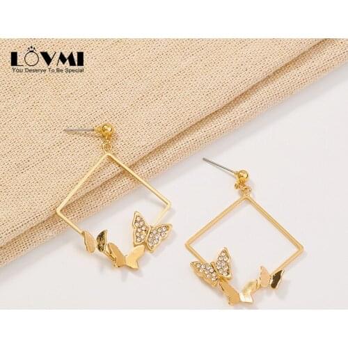 Lovmi 2021 Trend Golden Butterfly Drop Earring Sliver Korean Style Jewelry Rectangle Crystal Earings For Women Party Wholesales