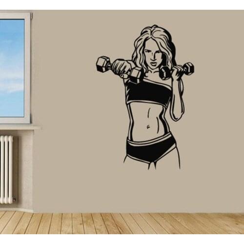 Gym Sticker Fitness Girl Dumbbell Decal Body-building Posters Vinyl Wall Decals Pegatina Decor Mural Gym Sticker