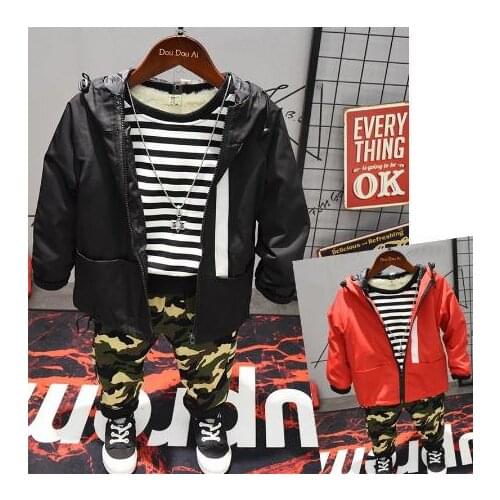Boys childrens clothing sets Thicken jacket + plush T-shirt + plush camouflage pants 3Pieces Costume kids suits 2-6Y winter Kids