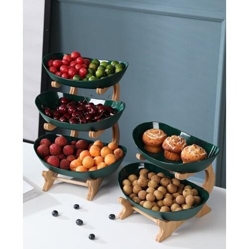 2/3 Tiers Plastic Fruit Plates with Wood Holder Oval Serving Bowls for Party Food Server Display Stand Fruit Candy Shelves