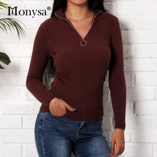 Casual Autumn Winter Sweaters Fashion 2018 Women V Neck Slim Jumpers Knitted Sweater Ladies Pullover Zipper Sweater Sueter Mujer