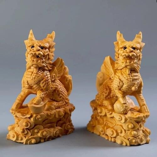 Boxwood 10cm Kirin Sculpture Chinese Unicorn God Beast Animal Wood Statue Lucky Home Decor