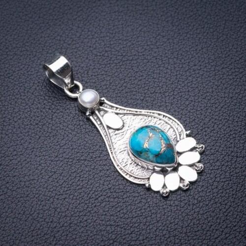 StarGems Natural Copper Turquoise And River Pearl Handmade 925 Sterling Silver Pendant 2" D6173