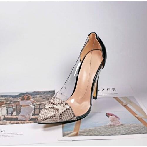 Real Photo Cost Pirce Stiletto Heel Pumps Black Patent Leather Transparent PVC Patchwork Dress Shoes Pointed Toe Pumps