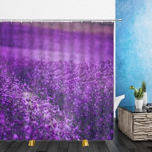 Flowers Shower Curtains Purple Lavender Natural Scenery 3D Print waterproof Bathroom Decor Home Bathtub Polyester Curtain Set