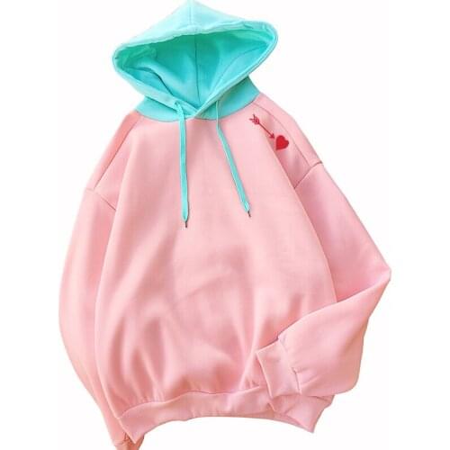 Female Hooded Sweatshirt Kpop Fleece Spell Color Splicing Crative Heart Printed Casual Korean Fashion Bangtan Boys Hoodies Women