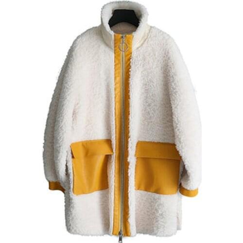 2019 New Womens Faux Fur Coat Wool Coat Stand Collar Long Style Winter Coat White Shearling Coat Leather Jacket