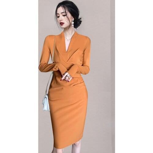 Simple Style New Fashion V-neck Long Sleeve Slim Bodycon Formal Party dress Autumn Winter 2021