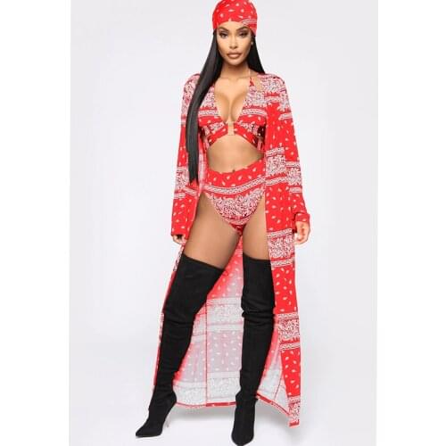 2020 New 4PCS/SET Beachwear retro printed bandage Bikini set+cover up set sexy women swimwear cover ups sets