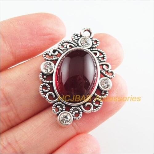 5 New Ellipse Charms Red Glaze Flower Pendants Tibetan Silver Tone 25x35mm