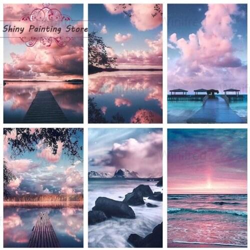 Diamond Painting 5D DIY Pink Sky Beach River Landscape Wall Art Full Square Round Drill Diamond Embroidery Mosaic Home Decor