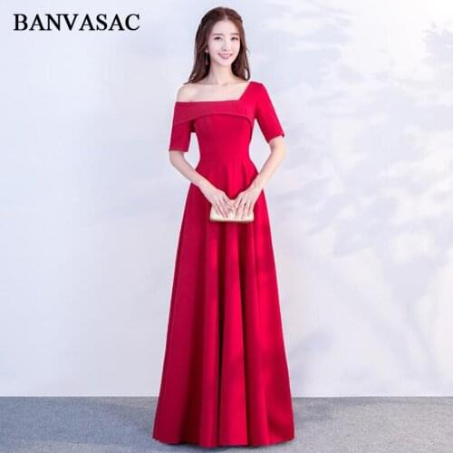 BANVASAC 2018 A Line Satin Short Sleeve Long Evening Dresses Elegant One Shoulder Sash Zipper Back Party Prom Gowns