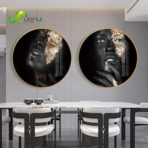 Contemplator Black African Nude Woman Round Circle Aluminum Alloy Framed Canvas Painting Wall Art Pictures For Living Room
