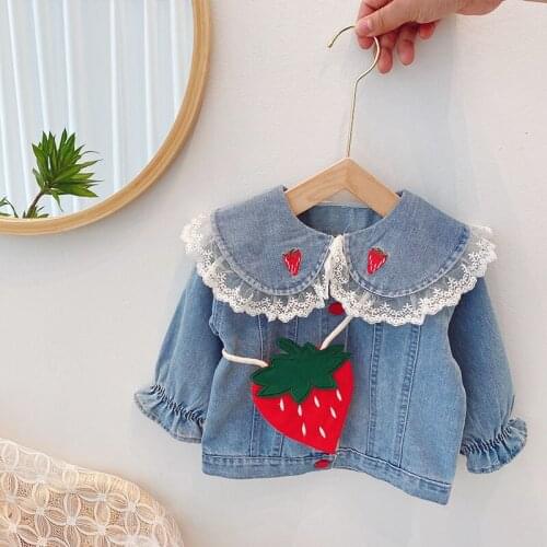 Spring Childrens Long Sleeve Lace Lapel Collar Strawberry Denim Jeans Casual Jackets Girls Outerwear Kids Coats + Bag Casaco