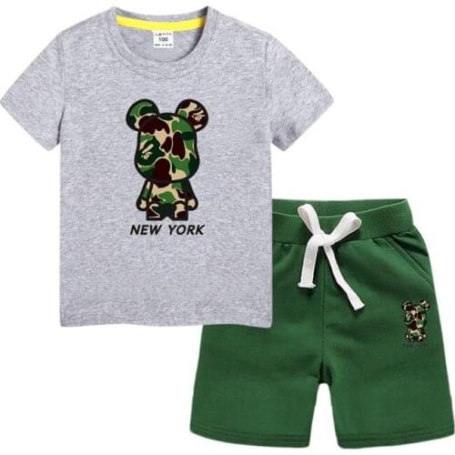 Childrens wear 2021 summer new short sleeve suit childrens pants cotton tide brand printed childrens wear suit