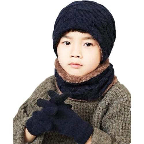 2019 Child Knitted Hat And Scarf Gloves Set Boys Girls Winter Warm Plush Hat 3 Piece Sets Kids New Outdoor Ski Cap Scarves Solid